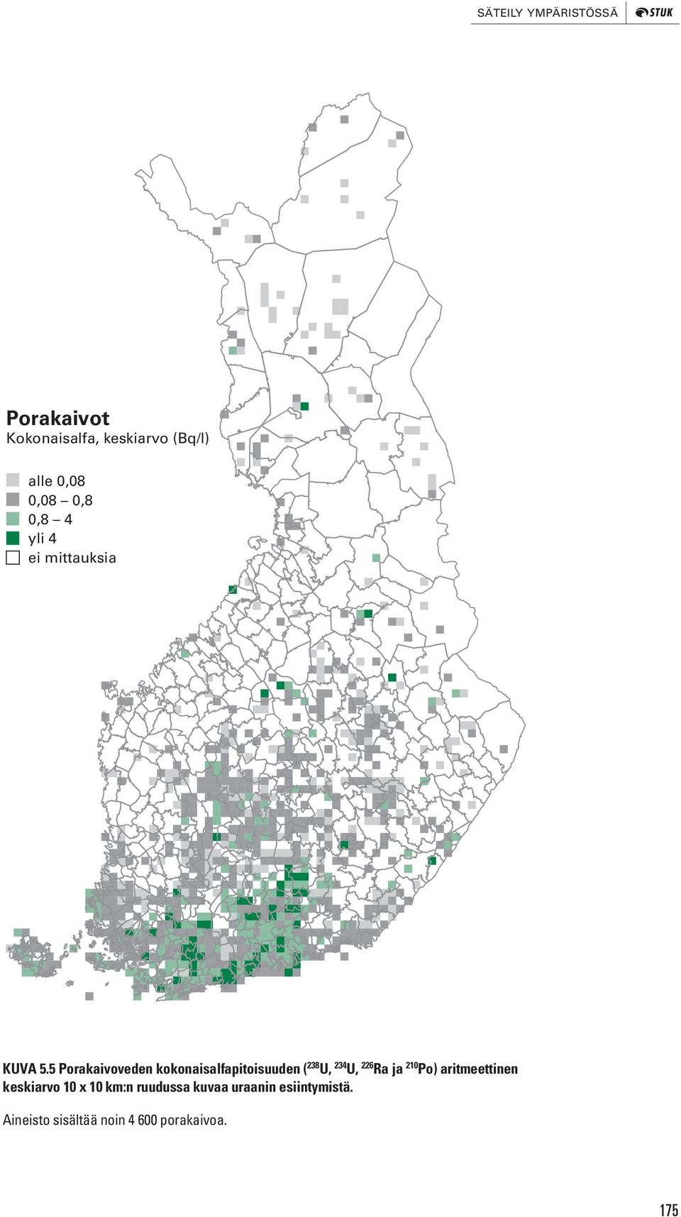 5 Porakaivoveden kokonaisalfapitoisuuden ( 238 U, 234 U, 226 Ra ja 210 Po)