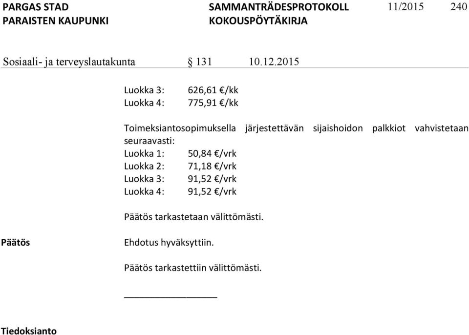 sijaishoidon palkkiot vahvistetaan seuraavasti: Luokka 1: 50,84 /vrk Luokka 2: 71,18 /vrk