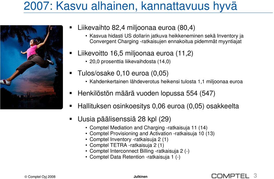 Henkilöstön määrä vuoden lopussa 554 (547) Hallituksen osinkoesitys,6 euroa (,5) osakkeelta Uusia päälisenssiä 28 kpl (29) Comptel Mediation and Charging -ratkaisuja 11 (14) Comptel