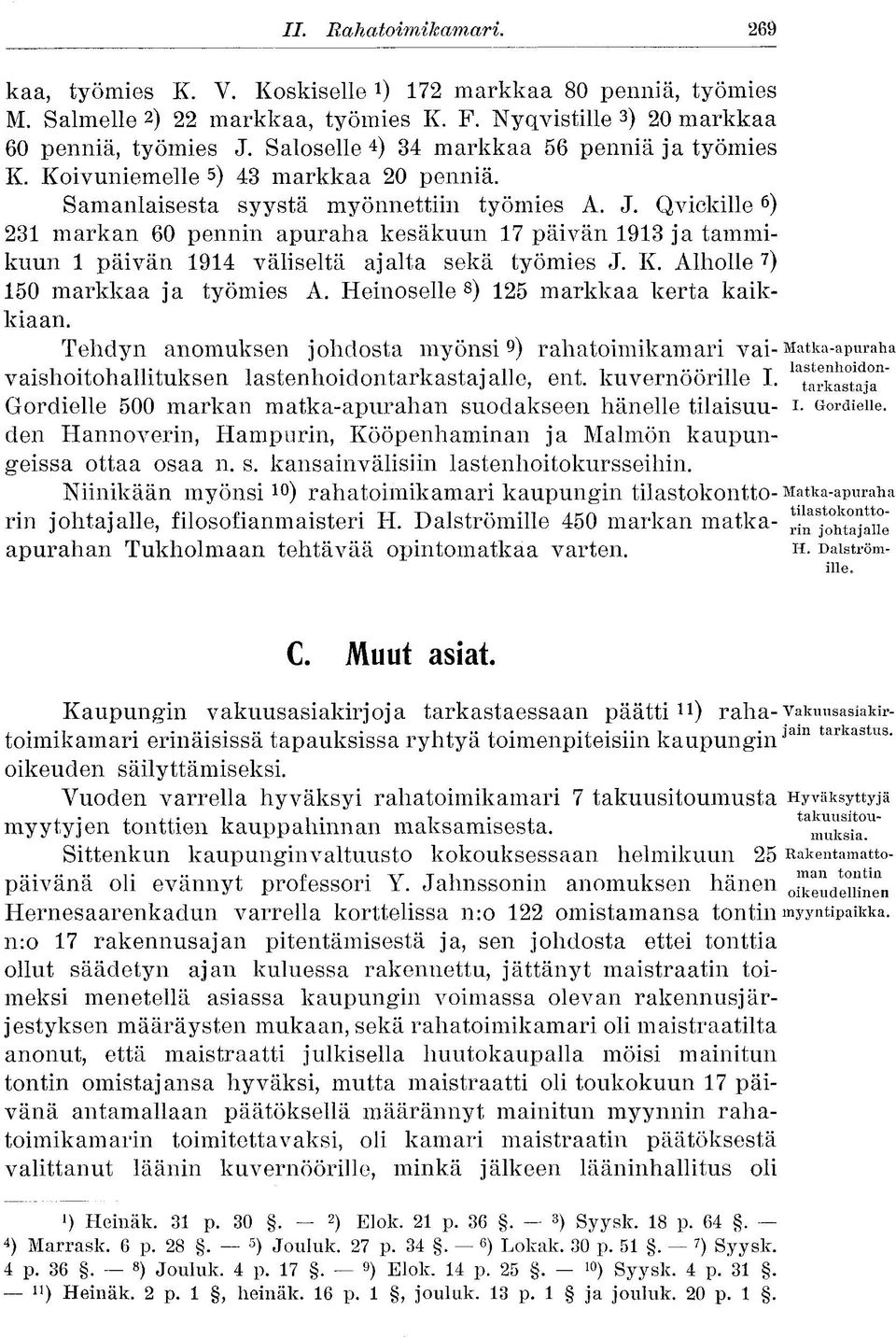 Qvickille 6 ) 231 markan 60 pennin apuraha kesäkuun 17 päivän 1913 ja tammikuun 1 päivän 1914 väliseltä ajalta sekä työmies J. K. Alholle 7 ) 150 markkaa ja työmies A.