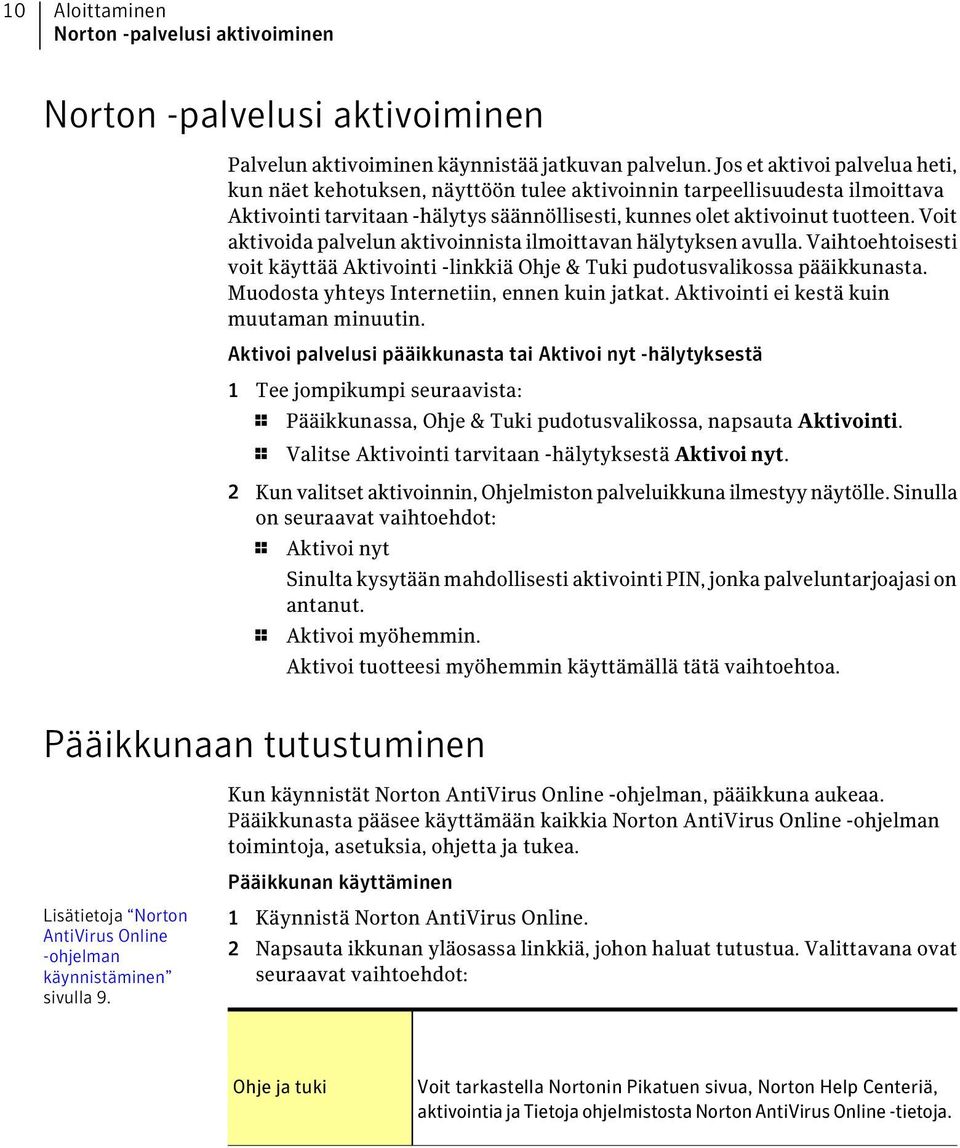 Voit aktivoida palvelun aktivoinnista ilmoittavan hälytyksen avulla. Vaihtoehtoisesti voit käyttää Aktivointi -linkkiä Ohje & Tuki pudotusvalikossa pääikkunasta.