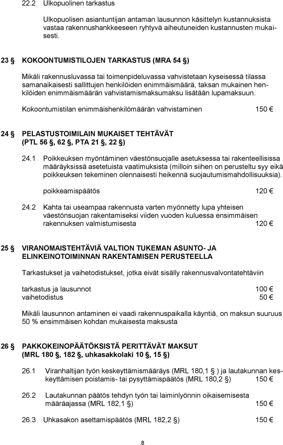 henkilöiden enimmäismäärän vahvistamismaksumaksu lisätään lupamaksuun. Kokoontumistilan enimmäishenkilömäärän vahvistaminen 150 24 PELASTUSTOIMILAIN MUKAISET TEHTÄVÄT (PTL 56, 62, PTA 21, 22 ) 24.