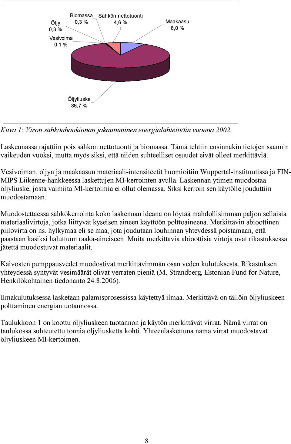 Vesivoiman, öljyn ja maakaasun materiaali-intensiteetit huomioitiin Wuppertal-instituutissa ja FIN- MIPS Liikenne-hankkeessa laskettujen MI-kerrointen avulla.