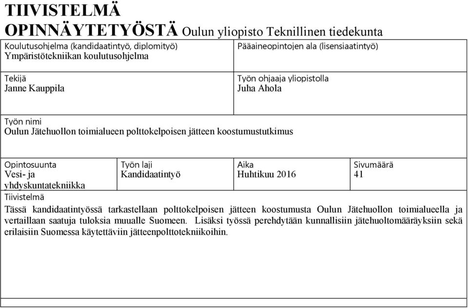 Aika Sivumäärä Vesi- ja Kandidaatintyö Huhtikuu 2016 41 yhdyskuntatekniikka Tiivistelmä Tässä kandidaatintyössä tarkastellaan polttokelpoisen jätteen koostumusta Oulun Jätehuollon