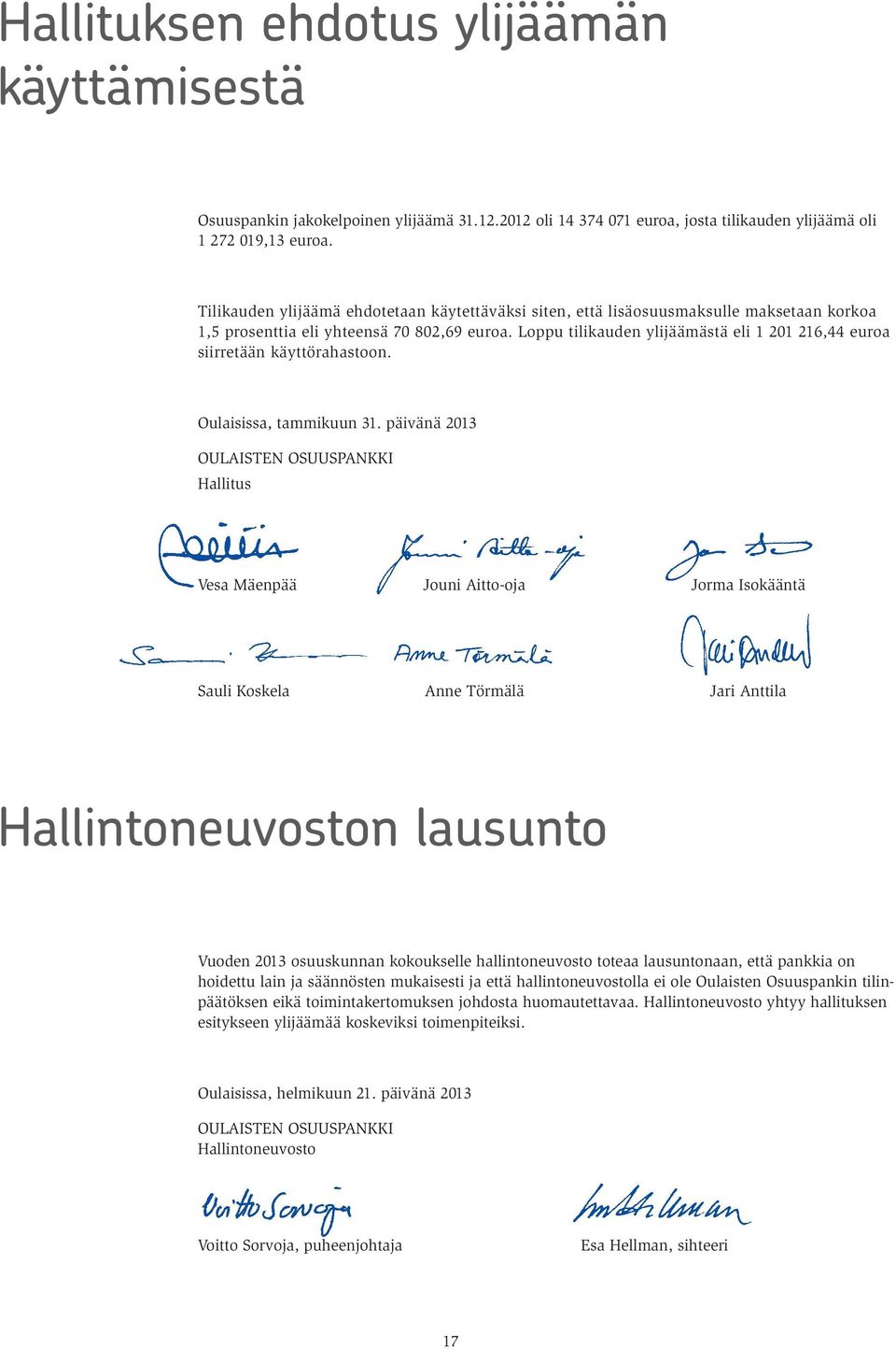 Loppu tilikauden ylijäämästä eli 1 201 216,44 euroa siirretään käyttörahastoon. Oulaisissa, tammikuun 31.