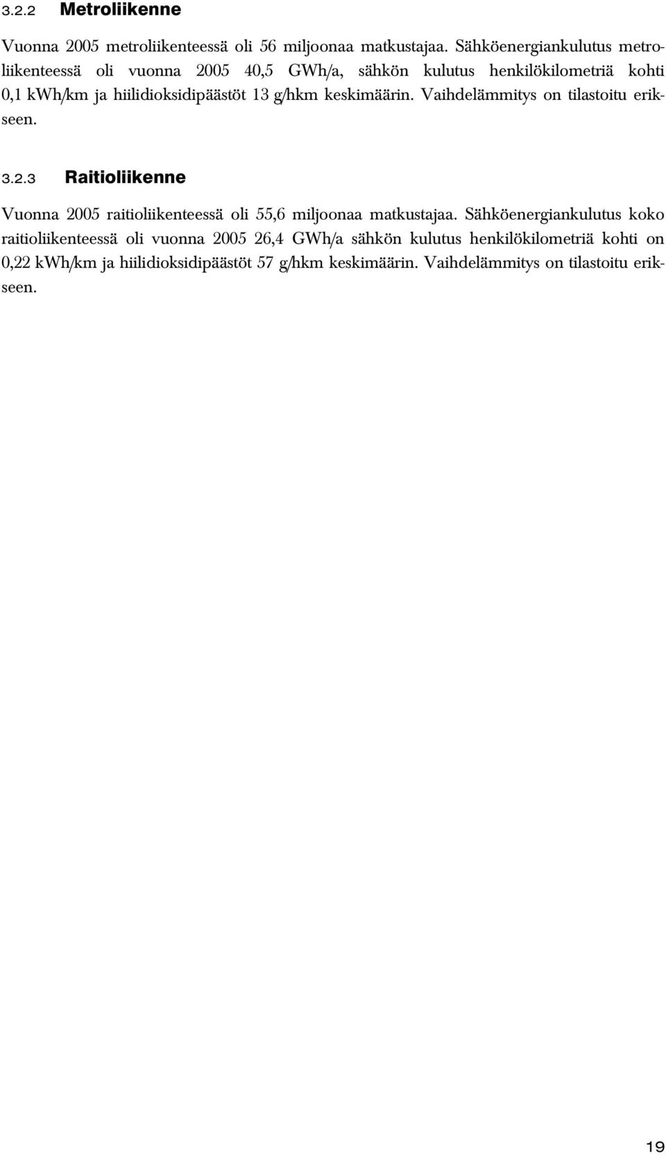 g/hkm keskimäärin. Vaihdelämmitys on tilastoitu erikseen. 3.2.3 Raitioliikenne Vuonna 2005 raitioliikenteessä oli 55,6 miljoonaa matkustajaa.