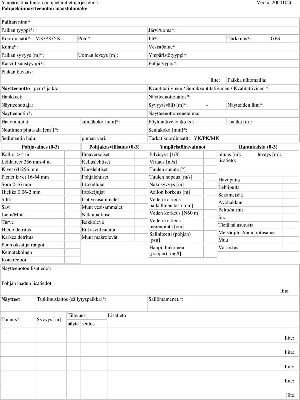 Semikvantitatiivinen / Kvalitatiivinen * Hankkeet: Näytteenottolaitos*: Näytteenottaja: Syvyys(väli) [m]*: - Näytteiden lkm*: Näytteenotin*: Näytteenottomenetelmä: Haavin mitat: silmäkoko [mm]*: