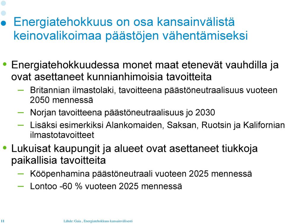 2030 Lisäksi esimerkiksi Alankomaiden, Saksan, Ruotsin ja Kalifornian ilmastotavoitteet Lukuisat kaupungit ja alueet ovat asettaneet tiukkoja