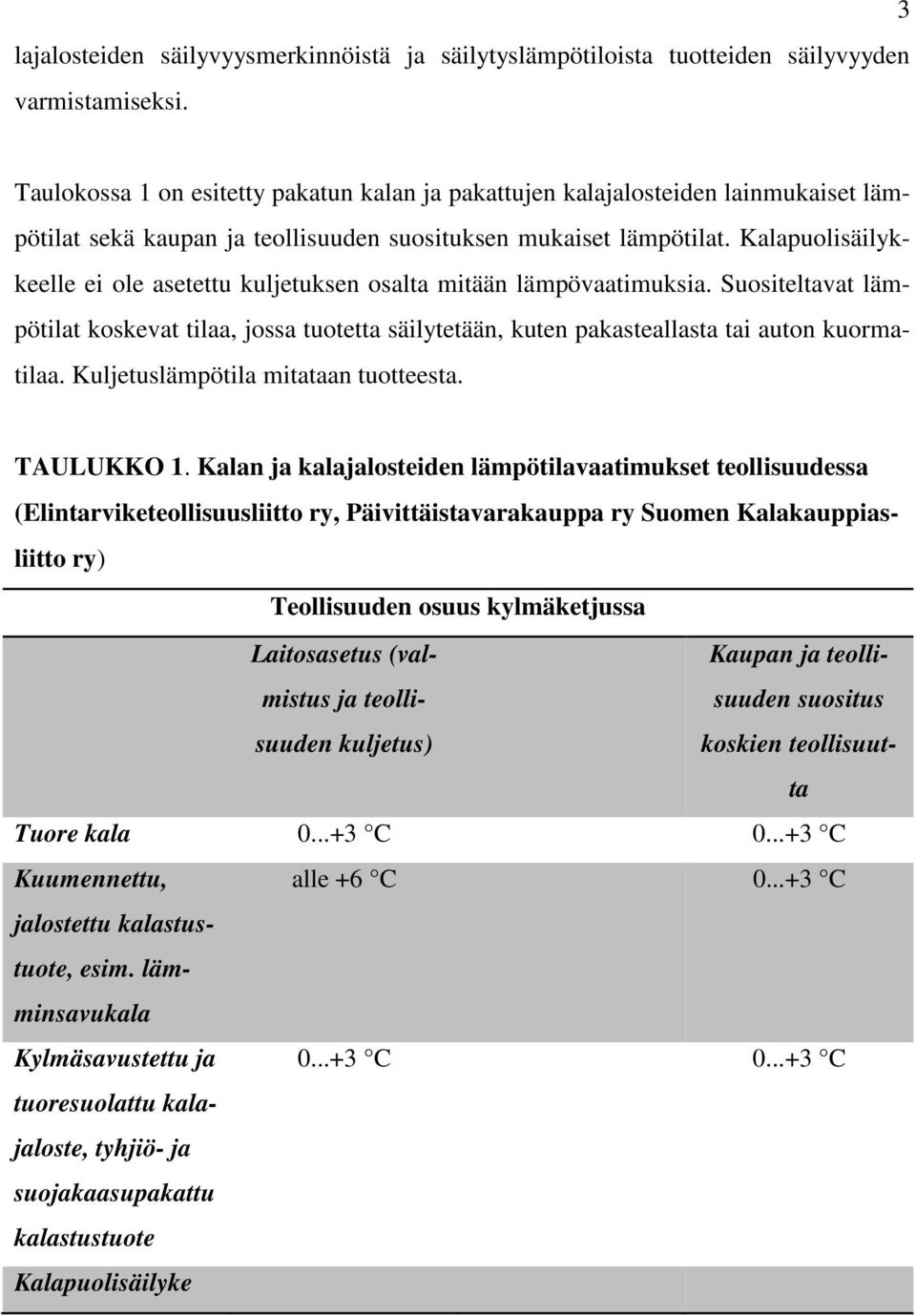 Kalapuolisäilykkeelle ei ole asetettu kuljetuksen osalta mitään lämpövaatimuksia. Suositeltavat lämpötilat koskevat tilaa, jossa tuotetta säilytetään, kuten pakasteallasta tai auton kuormatilaa.