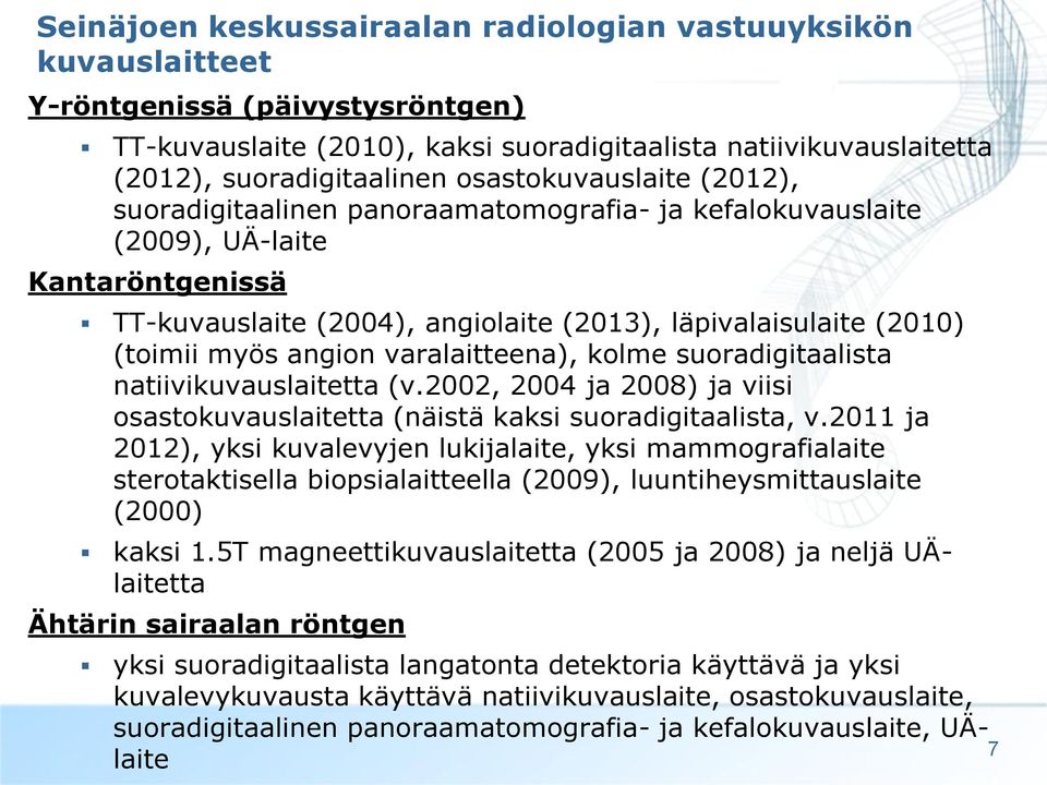 angion varalaitteena), kolme suoradigitaalista natiivikuvauslaitetta (v.2002, 2004 ja 2008) ja viisi osastokuvauslaitetta (näistä kaksi suoradigitaalista, v.