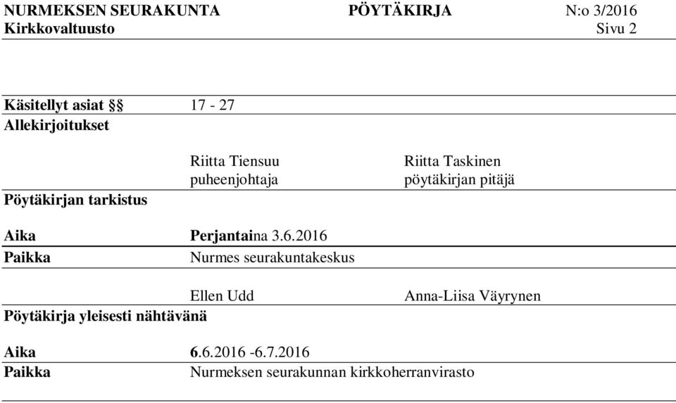 2016 Paikka Nurmes seurakuntakeskus Ellen Udd Pöytäkirja yleisesti nähtävänä