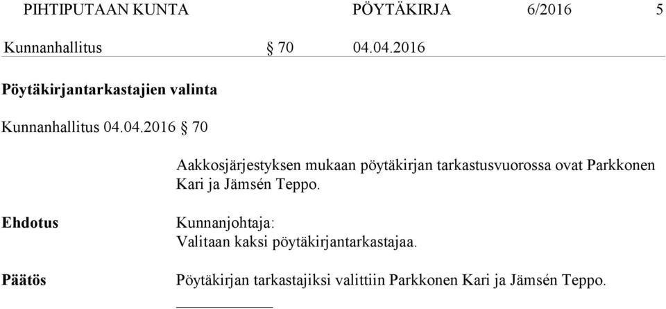 Aakkosjärjestyksen mukaan pöytäkirjan tarkastusvuorossa ovat Parkkonen Kari ja