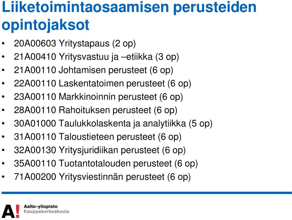 28A00110 Rahoituksen perusteet (6 op) 30A01000 Taulukkolaskenta ja analytiikka (5 op) 31A00110 Taloustieteen perusteet (6