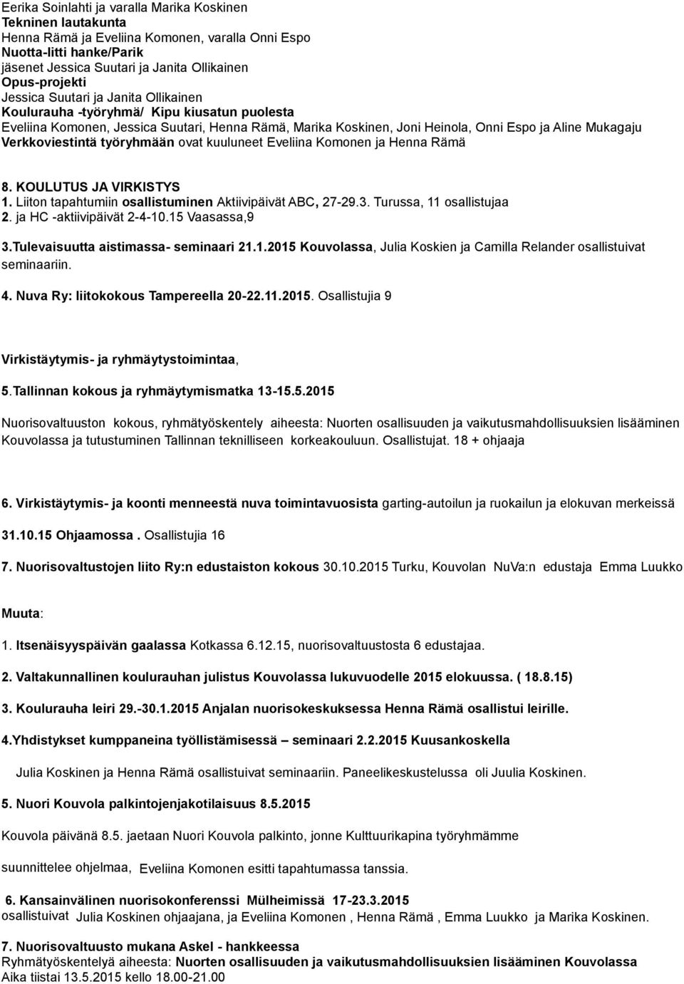 Verkkoviestintä työryhmään ovat kuuluneet Eveliina Komonen ja Henna Rämä 8. KOULUTUS JA VIRKISTYS 1. Liiton tapahtumiin osallistuminen Aktiivipäivät ABC, 27-29.3. Turussa, 11 osallistujaa 2.