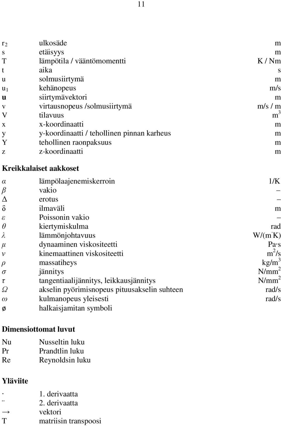 Poissonin vakio θ kiertymiskulma rad λ lämmönjohtavuus W/(m K) μ dynaaminen viskositeetti Pa s ν kinemaattinen viskositeetti m 2 /s ρ massatiheys kg/m 3 ζ jännitys N/mm 2 η tangentiaalijännitys,