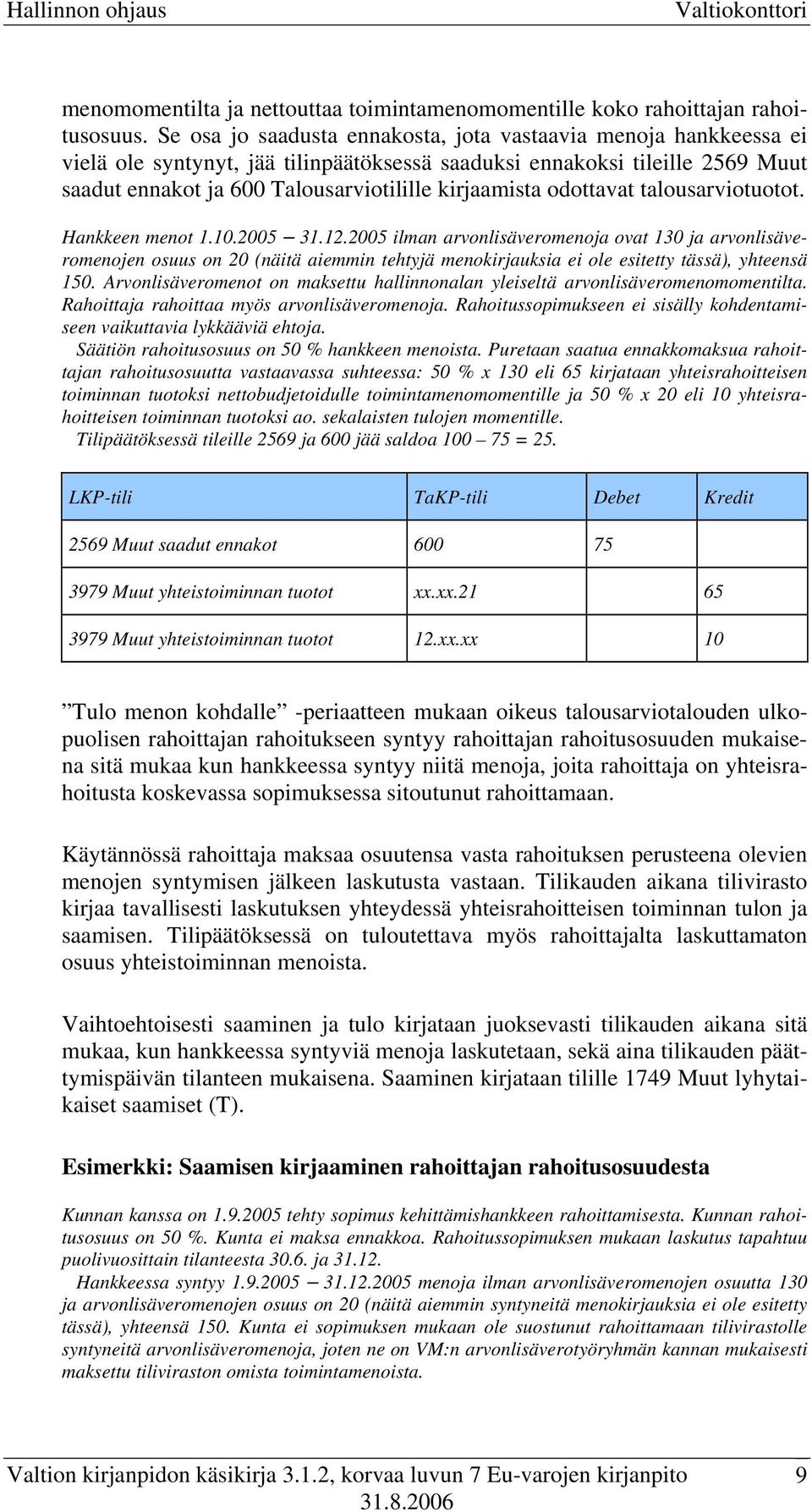 odottavat talousarviotuotot. Hankkeen menot 1.10.2005 31.12.