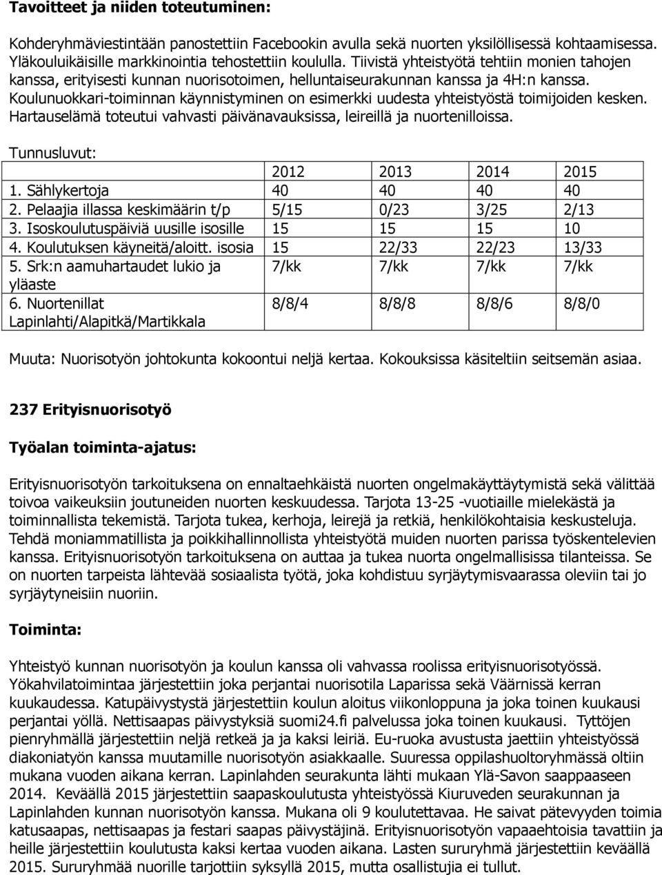 Koulunuokkari-toiminnan käynnistyminen on esimerkki uudesta yhteistyöstä toimijoiden kesken. Hartauselämä toteutui vahvasti päivänavauksissa, leireillä ja nuortenilloissa.