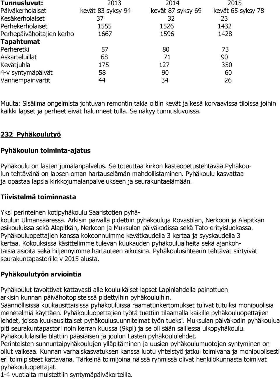 kesä korvaavissa tiloissa joihin kaikki lapset ja perheet eivät halunneet tulla. Se näkyy tunnusluvuissa. 232 Pyhäkoulutyö Pyhäkoulun toiminta-ajatus Pyhäkoulu on lasten jumalanpalvelus.