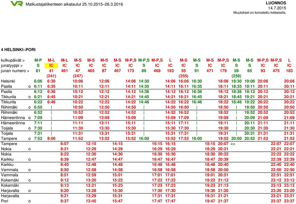 6:11 6:35 10:11 12:11 14:11 14:35 14:11 16:11 16:35 18:11 18:35 19:11 20:11 20:11 Pasila 6:12 6:36 10:12 12:12 14:12 14:36 14:12 16:12 16:36 18:12 18:36 19:12 20:12 20:12 Tikkurila o 6:21 6:45 10:21