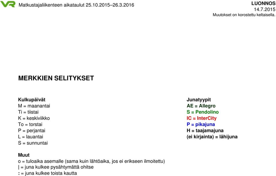 pikajuna H = taajamajuna (ei kirjainta) = lähijuna Muut o = tuloaika asemalle (sama kuin