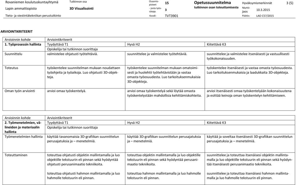 suunnittelee ja valmistelee itsenäisesti ja vastuullisesti työkokonaisuuden. Toteutus työskentelee suunnitelman mukaan noudattaen työohjeita ja työaikoja. Luo ohjatusti D-objekteja.