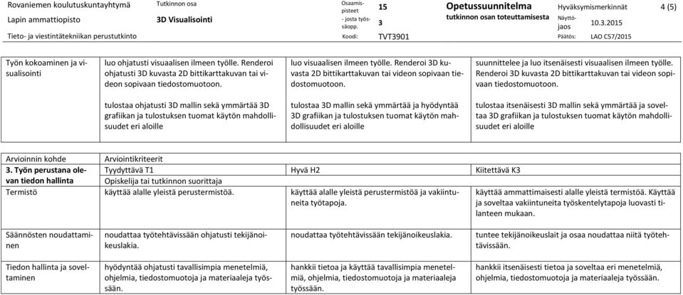 suunnittelee ja luo itsenäisesti visuaalisen ilmeen työlle. Renderoi D kuvasta 2D bittikarttakuvan tai videon sopivaan tiedostomuotoon.