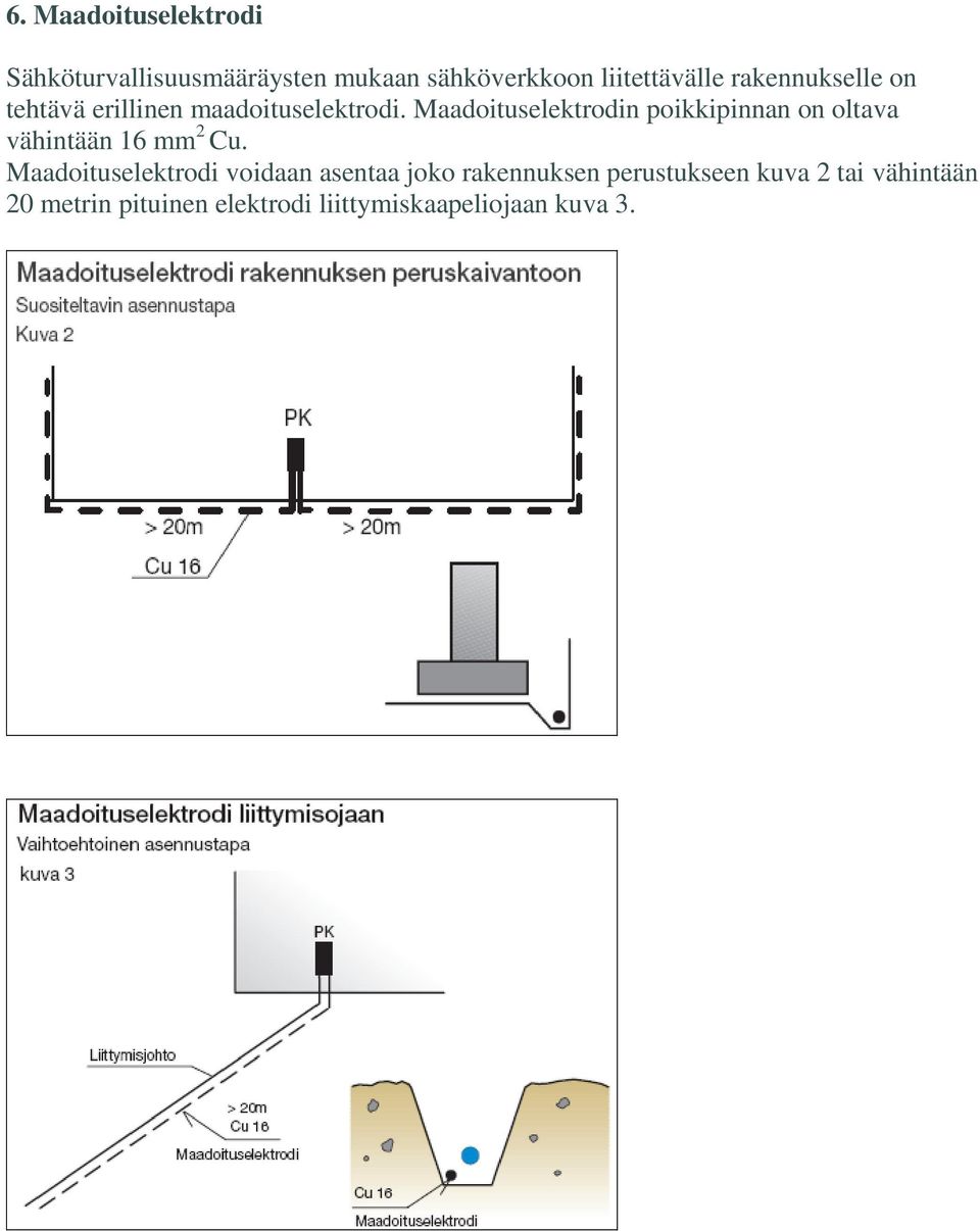 Maadoituselektrodin poikkipinnan on oltava vähintään 16 mm 2 Cu.