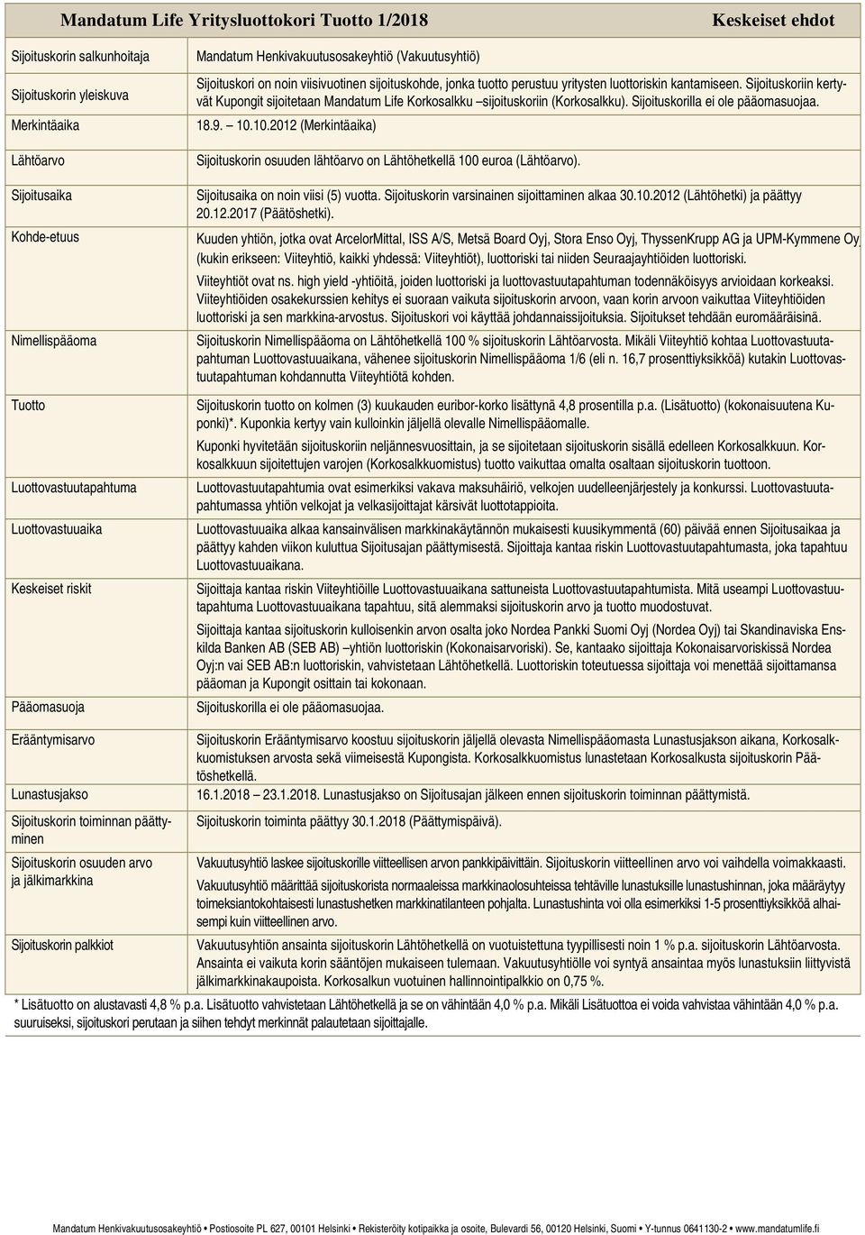 kantamiseen. Sijoituskoriin kertyvät Kupongit sijoitetaan Mandatum Life Korkosalkku sijoituskoriin (Korkosalkku). Sijoituskorilla ei ole pääomasuojaa. 18.9. 10.