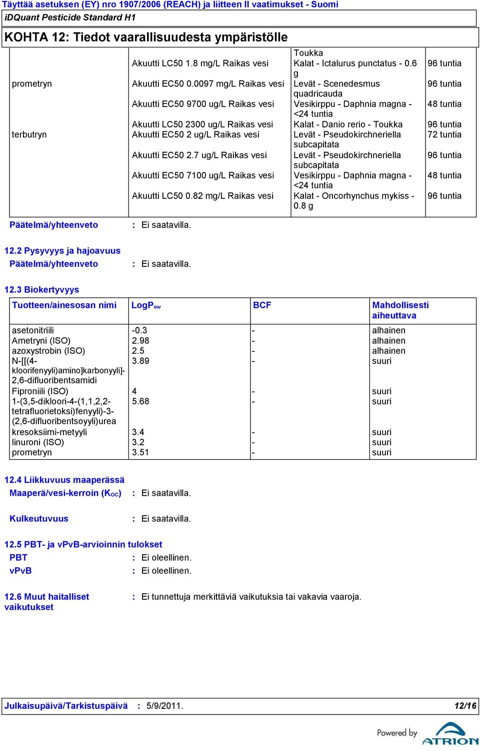 rerio - Toukka 96 tuntia terbutryn Akuutti EC50 2 ug/l Raikas vesi Levät - Pseudokirchneriella 72 tuntia subcapitata Akuutti EC50 2.