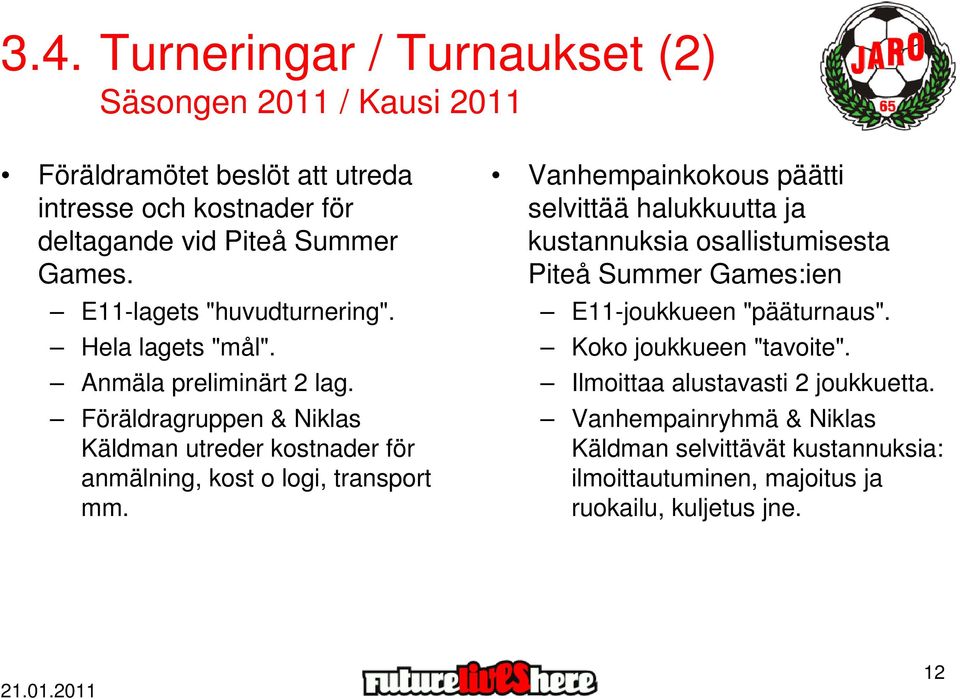 Föräldragruppen & Niklas Käldman utreder kostnader för anmälning, kost o logi, transport mm.