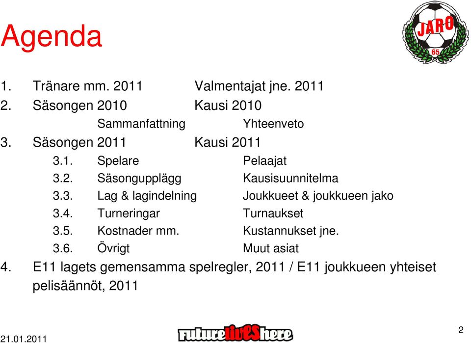 4. Turneringar Turnaukset 3.5. Kostnader mm. Kustannukset jne. 3.6. Övrigt Muut asiat 4.