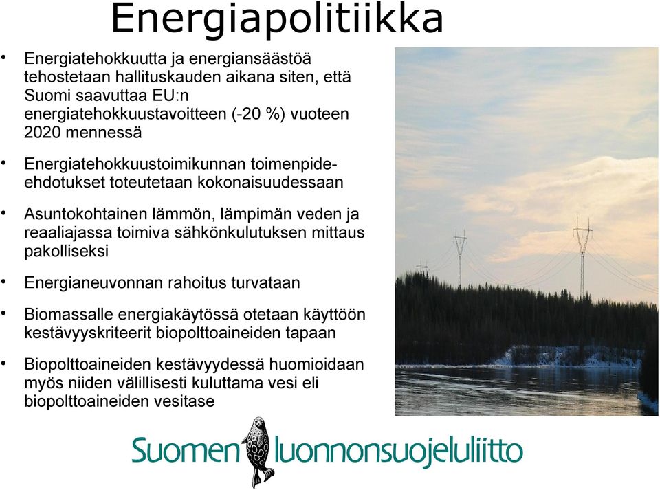 ja reaaliajassa toimiva sähkönkulutuksen mittaus pakolliseksi Energianeuvonnan rahoitus turvataan Biomassalle energiakäytössä otetaan käyttöön