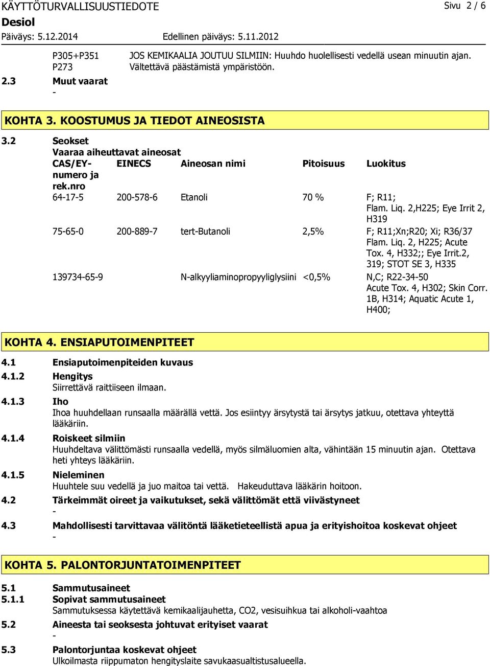 2,H225; Eye Irrit 2, H319 75650 2008897 tertbutanoli 2,5% F; R11;Xn;R20; Xi; R36/37 Flam. Liq. 2, H225; Acute Tox. 4, H332;; Eye Irrit.