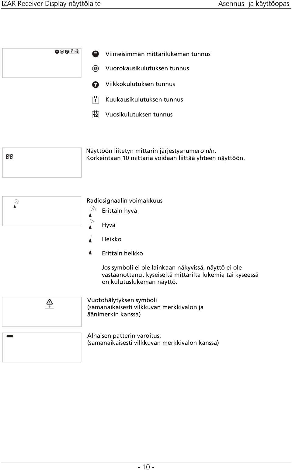 Radisignaalin vimakkuus Erittäin hyvä Hyvä Heikk Erittäin heikk Js symbli ei le lainkaan näkyvissä, näyttö ei le vastaanttanut kyseiseltä mittarilta