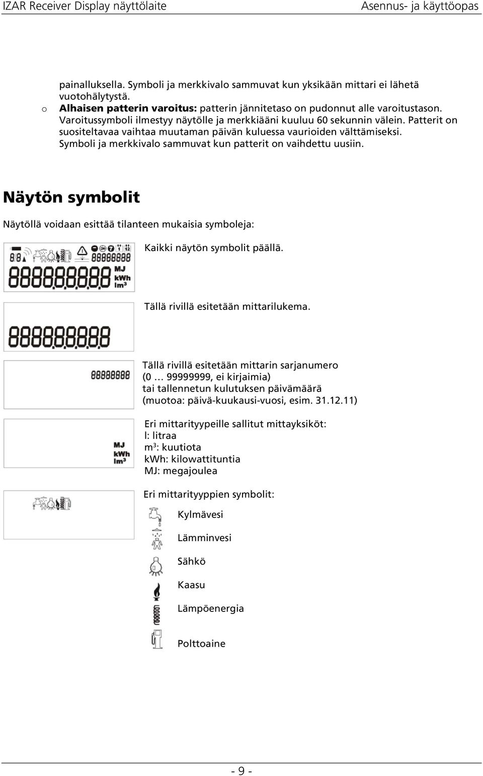 Symbli ja merkkival sammuvat kun patterit n vaihdettu uusiin. Näytön symblit Näytöllä vidaan esittää tilanteen mukaisia symbleja: Kaikki näytön symblit päällä. Tällä rivillä esitetään mittarilukema.