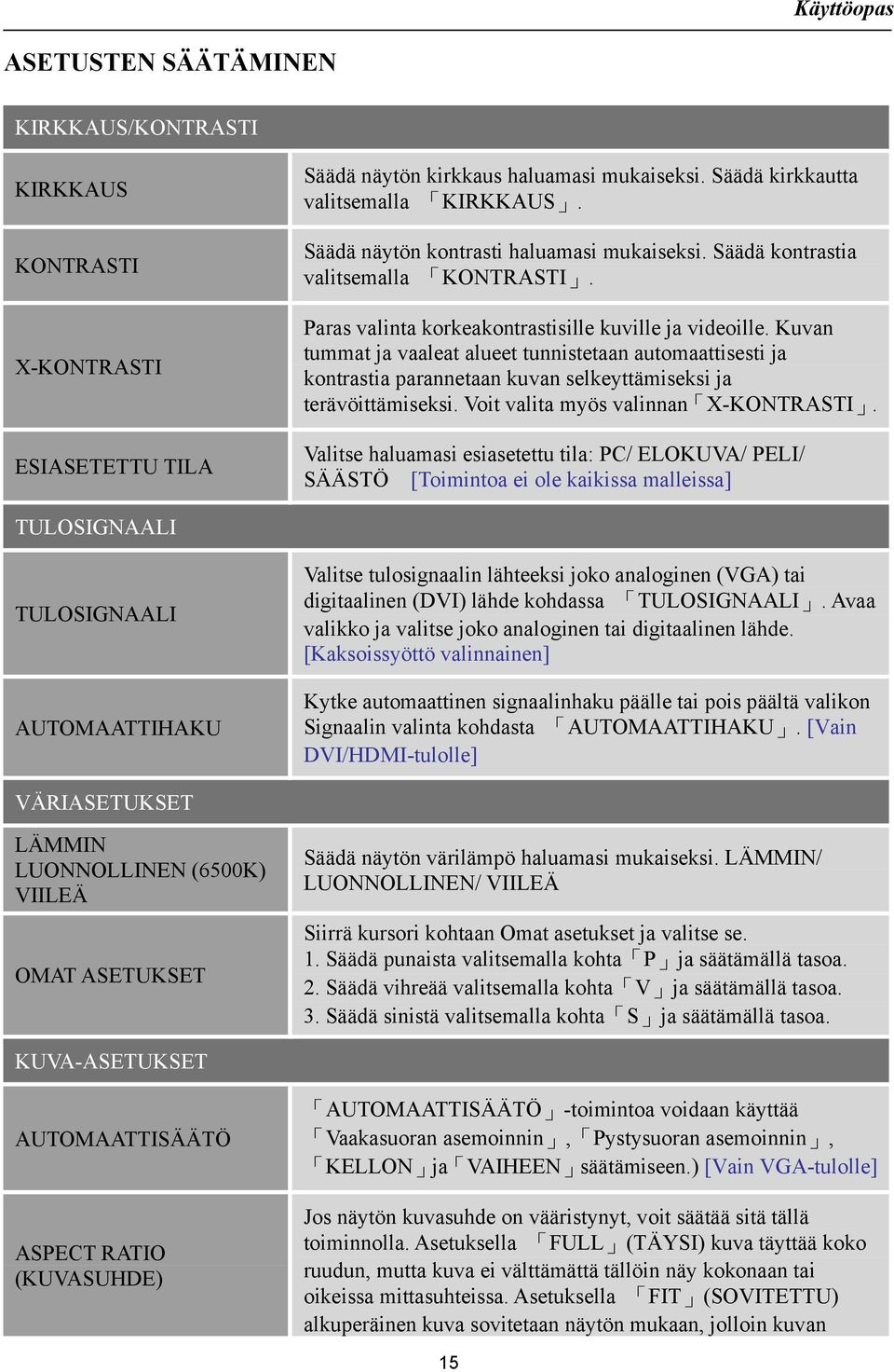 Kuvan tummat ja vaaleat alueet tunnistetaan automaattisesti ja kontrastia parannetaan kuvan selkeyttämiseksi ja terävöittämiseksi. Voit valita myös valinnan X-KONTRASTI.