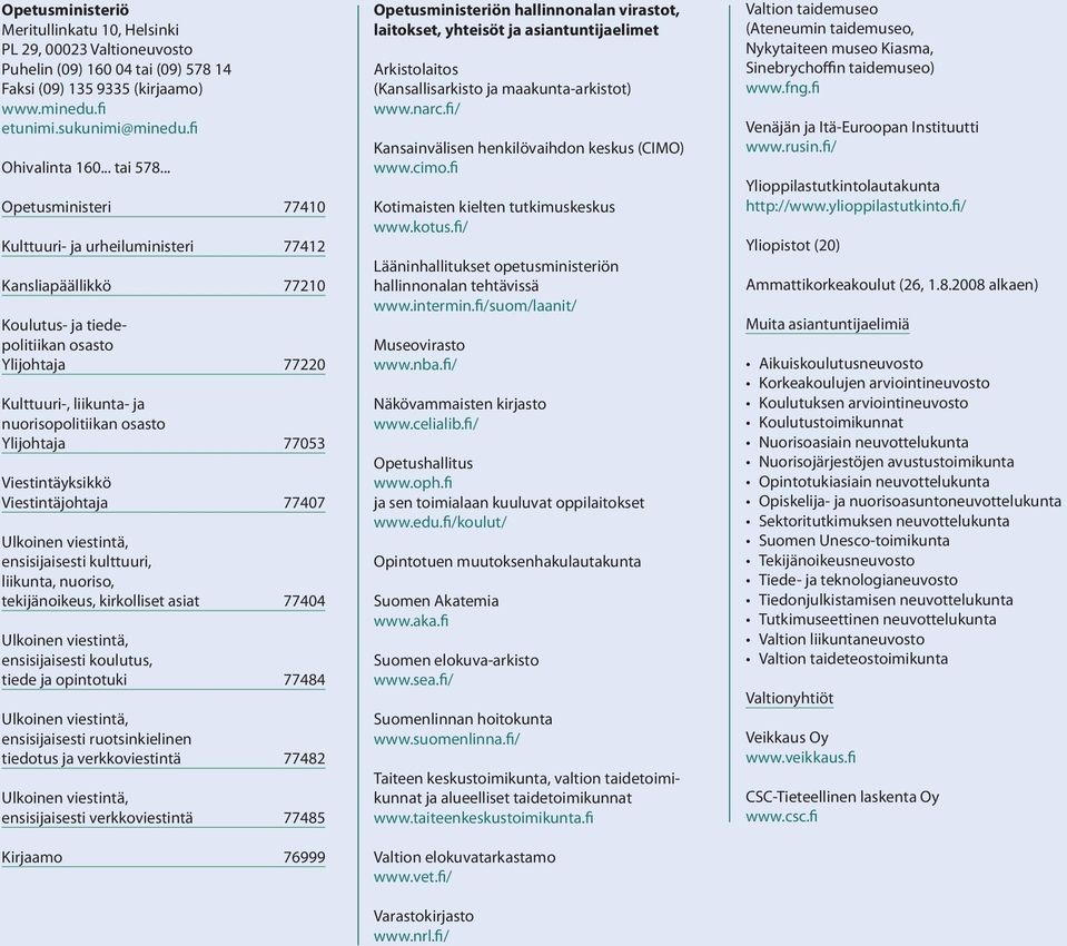 .. Opetusministeri 77410 Kulttuuri- ja urheiluministeri 77412 Kansliapäällikkö 77210 Koulutus- ja tiedepolitiikan osasto Ylijohtaja 77220 Kulttuuri-, liikunta- ja nuorisopolitiikan osasto Ylijohtaja