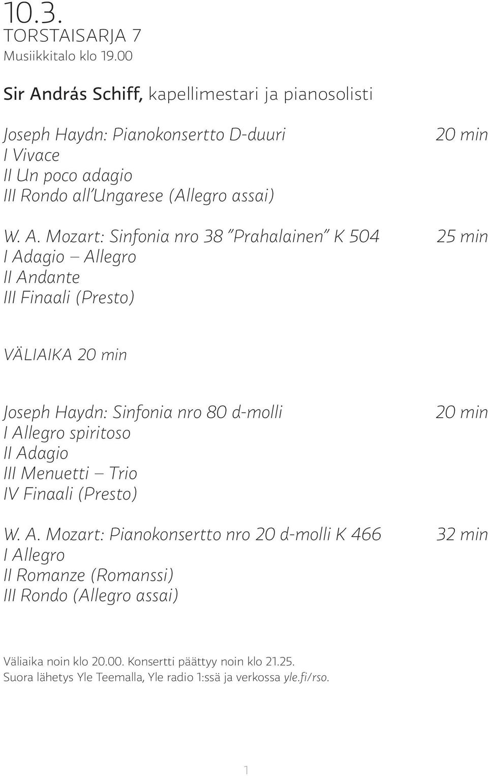 drás Schiff, kapellimestari ja pianosolisti Joseph Haydn: Pianokonsertto D-duuri I Vivace II Un poco adagio III Rondo all Ungarese (Allegro assai) 20 min W. A.