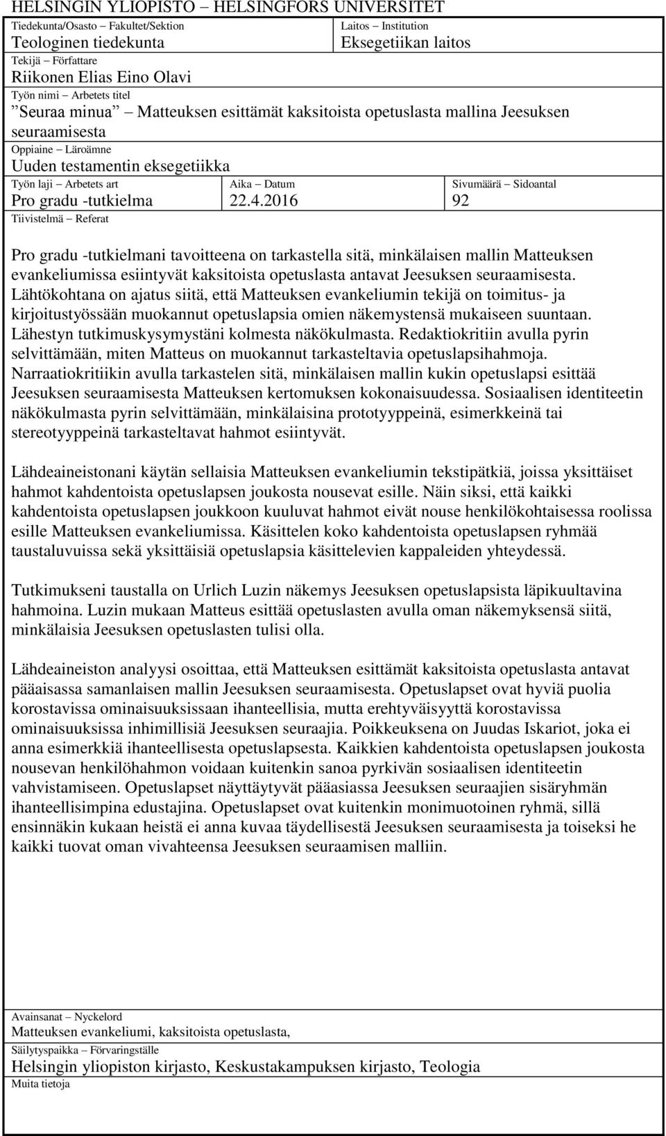 Tiivistelmä Referat Aika Datum 22.4.