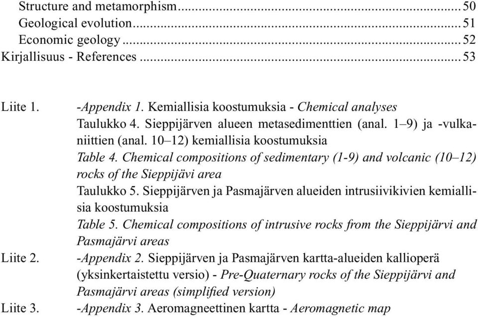 Chemical compositions of sedimentary (1-9) and volcanic (10 12) rocks of the Sieppijävi area Taulukko 5. Sieppijärven ja Pasmajärven alueiden intrusiivikivien kemiallisia koostumuksia Table 5.