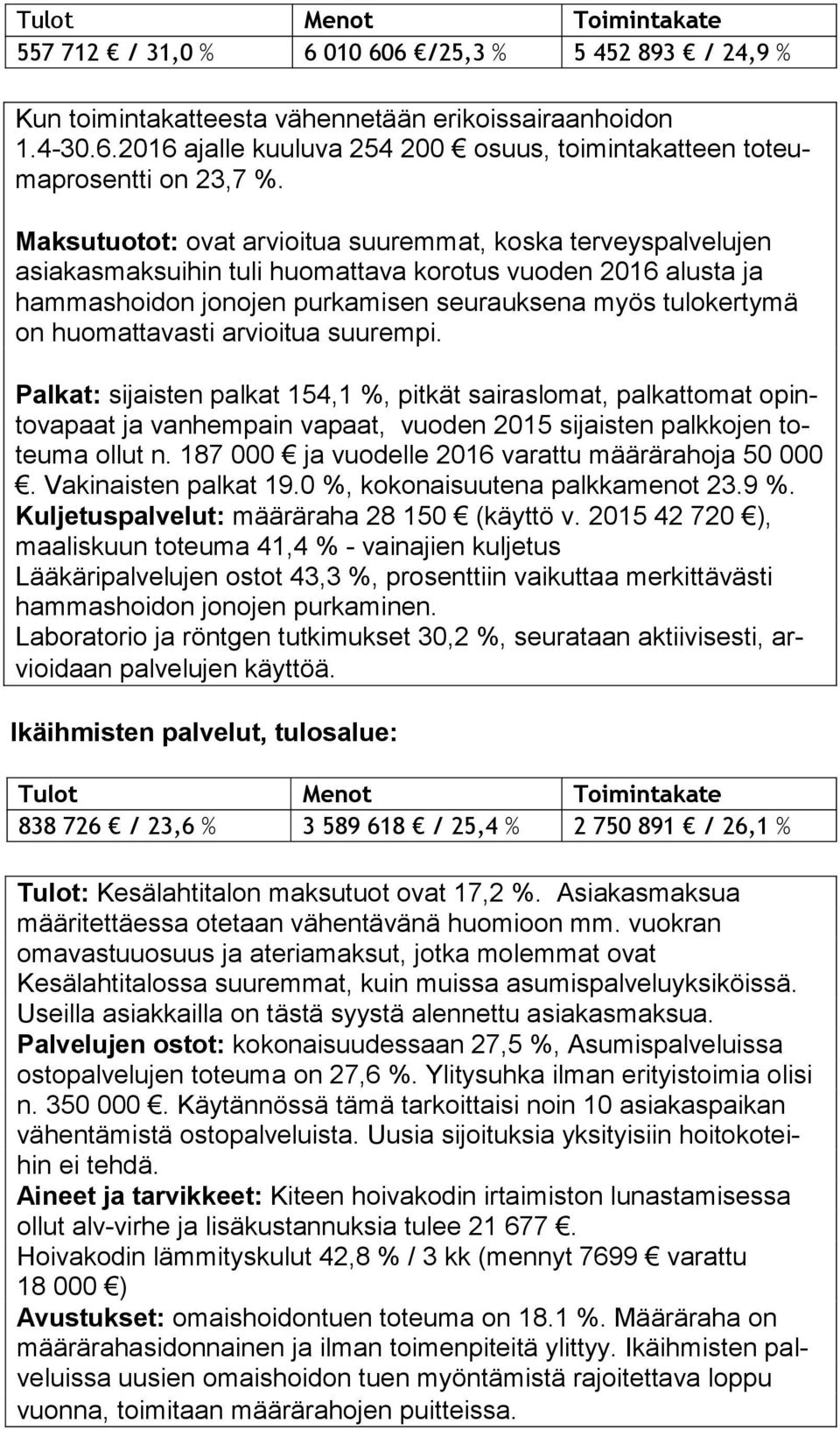 huomattavasti arvioitua suurempi. Palkat: sijaisten palkat 154,1 %, pitkät sairaslomat, palkattomat opinto va paat ja vanhempain vapaat, vuoden 2015 sijaisten palkkojen toteu ma ollut n.