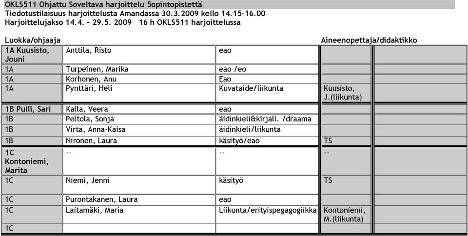 pintopistettä Tiedotustilaisuus harjoittelusta Amandassa 30.3.2009 kello 14.15-