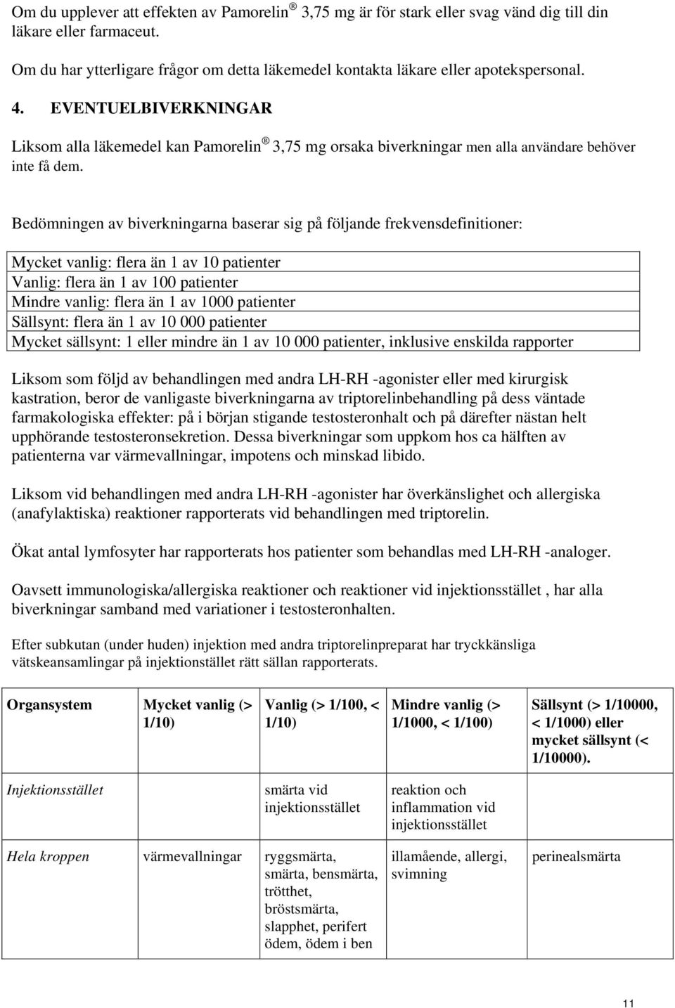 EVENTUELBIVERKNINGAR Liksom alla läkemedel kan Pamorelin 3,75 mg orsaka biverkningar men alla användare behöver inte få dem.