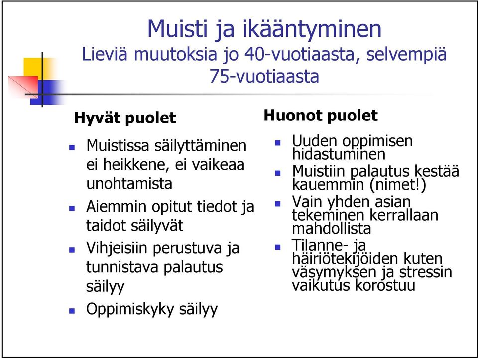 palautus säilyy Oppimiskyky säilyy Huonot puolet Uuden oppimisen hidastuminen Muistiin palautus kestää kauemmin (nimet!