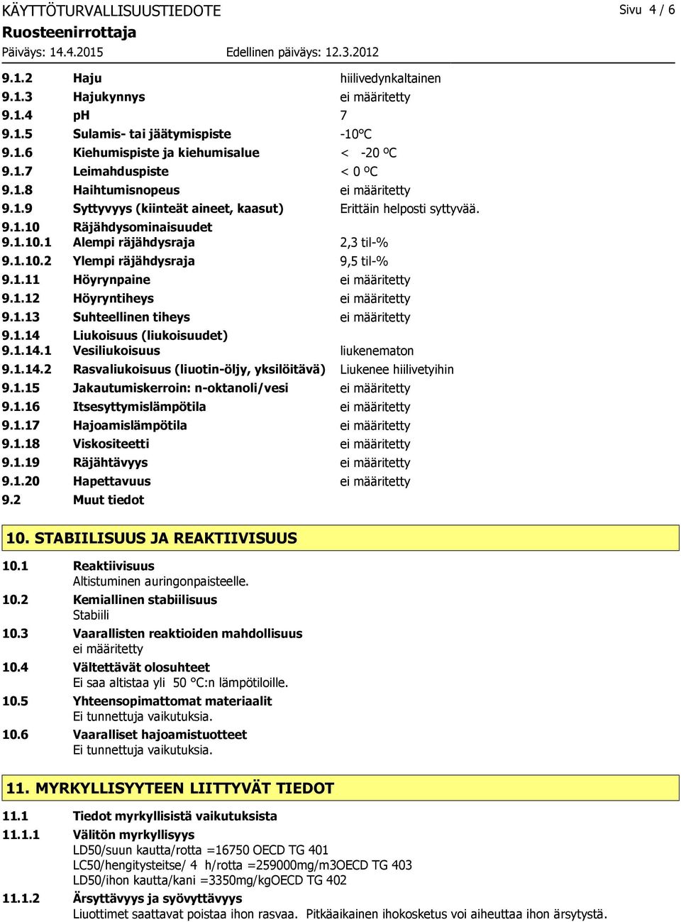 1.12 Höyryntiheys 9.1.13 Suhteellinen tiheys 9.1.14 Liukoisuus (liukoisuudet) 9.1.14.1 Vesiliukoisuus liukenematon 9.1.14.2 Rasvaliukoisuus (liuotin-öljy, yksilöitävä) Liukenee hiilivetyihin 9.1.15 Jakautumiskerroin: n-oktanoli/vesi 9.