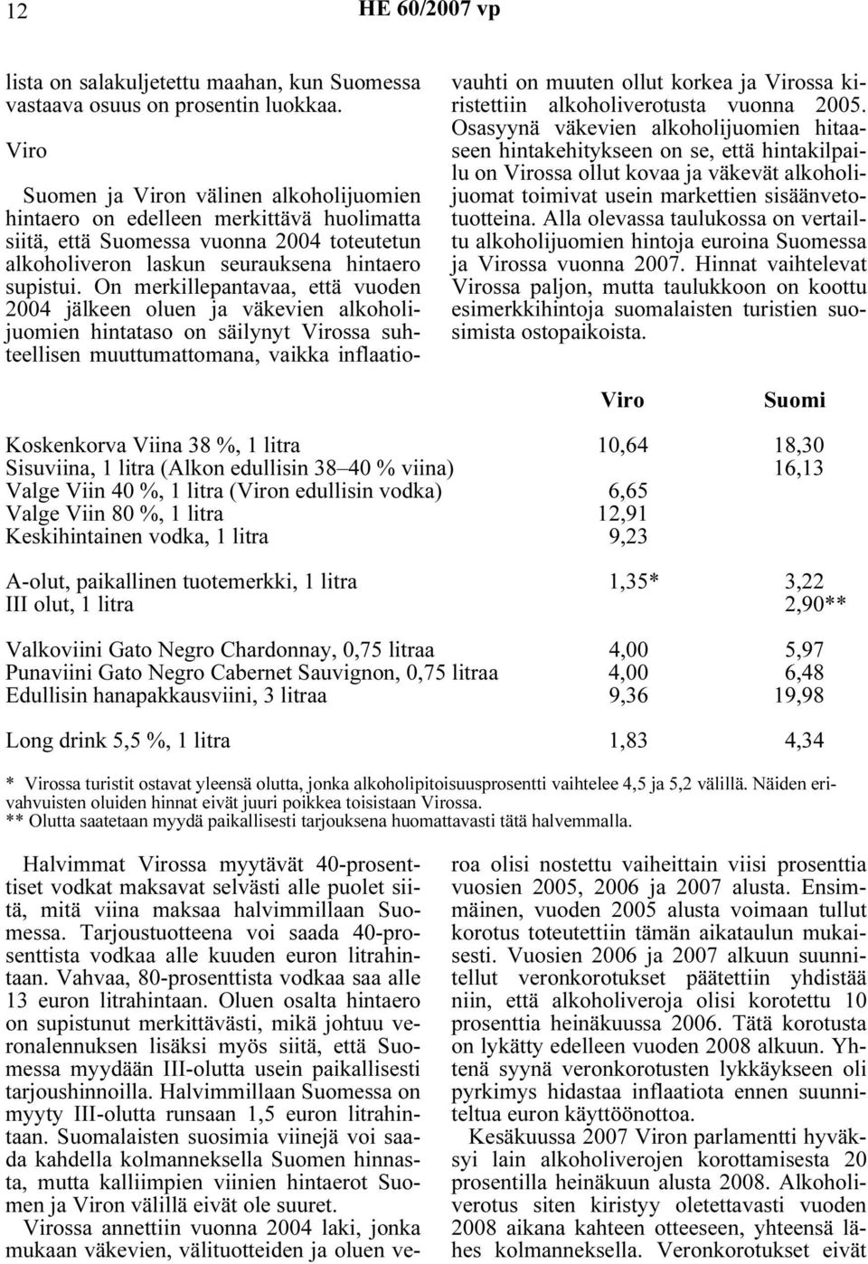 On merkillepantavaa, että vuoden 2004 jälkeen oluen ja väkevien alkoholijuomien hintataso on säilynyt Virossa suhteellisen muuttumattomana, vaikka inflaatiovauhti on muuten ollut korkea ja Virossa