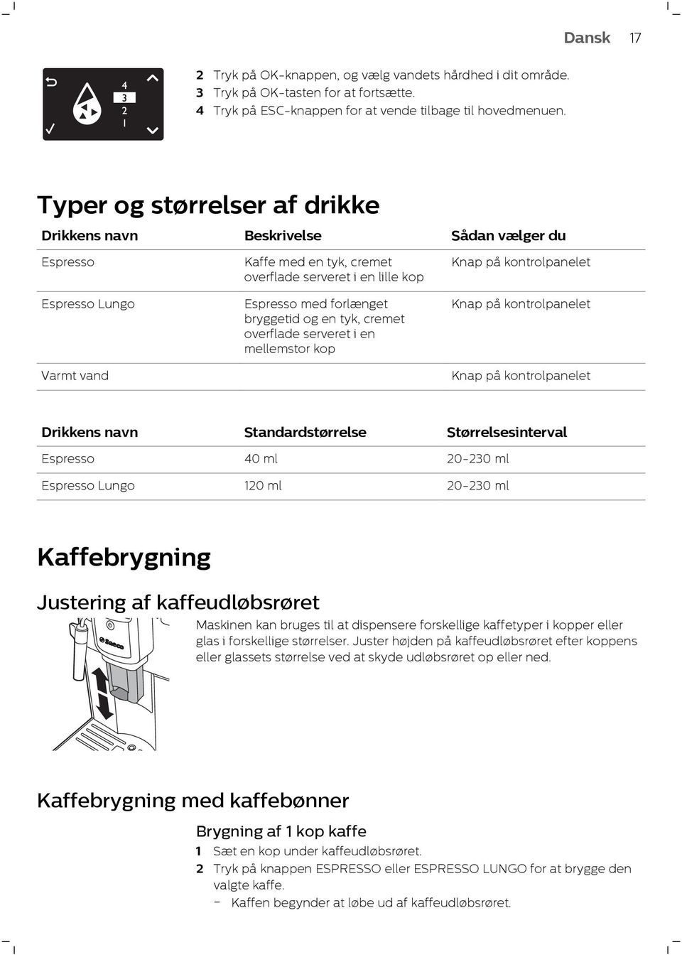 cremet overflade serveret i en mellemstor kop Knap på kontrolpanelet Knap på kontrolpanelet Varmt vand Knap på kontrolpanelet Drikkens navn Standardstørrelse Størrelsesinterval Espresso 40 ml 20-230