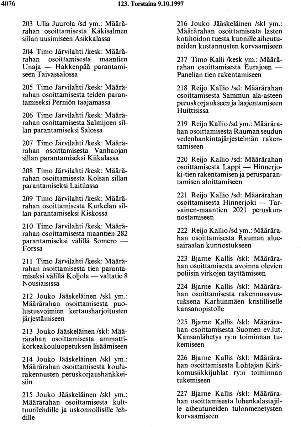 /kesk: Määrärahan osoittamisesta teiden parantamiseksi Perniön taajamassa 206 Timo Järvilahti /kesk: Määrärahan osoittamisesta Salmijoen sillan parantamiseksi Salossa 207 Timo Järvilahti /kesk: