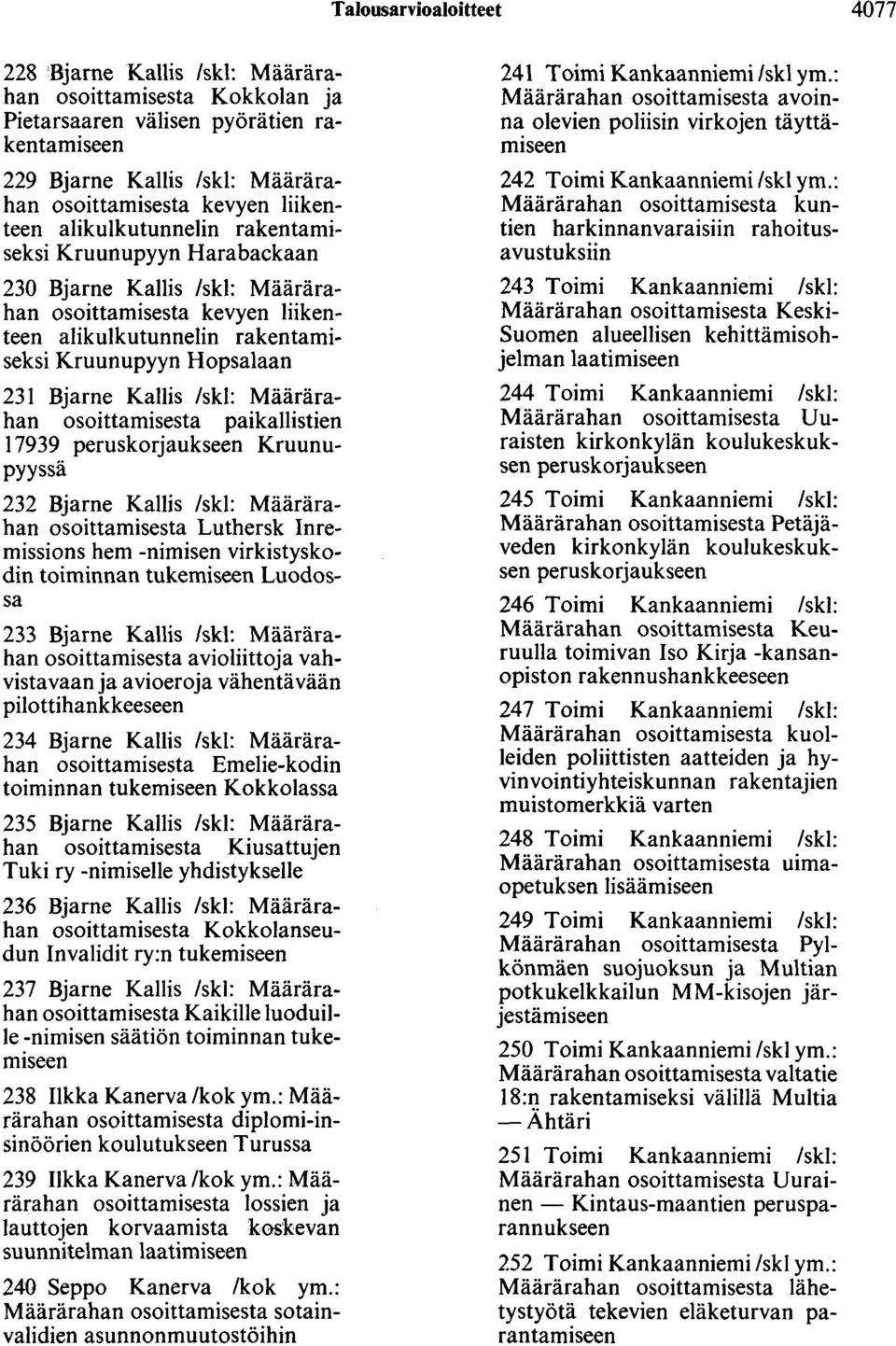 Kallis /skl: Määrärahan osoittamisesta paikallistien 17939 peruskorjaukseen Kruunupyyssä 232 Bjarne Kallis /skl: Määrärahan osoittamisesta Luthersk Inremissions hem -nimisen virkistyskodin toiminnan