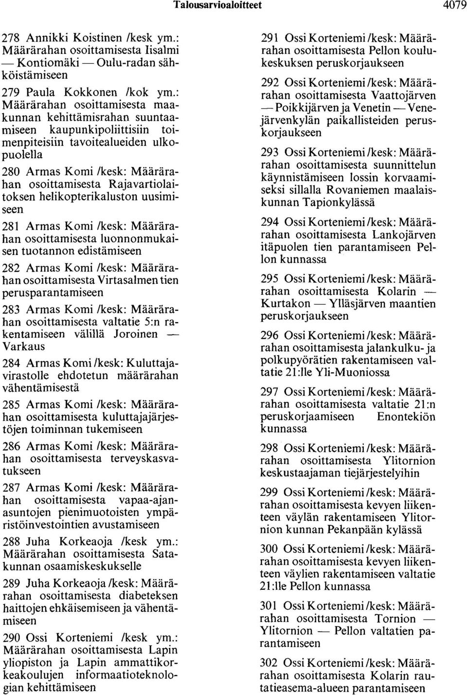 Rajavartiolaitoksen helikopterikaluston uusimiseen 281 Armas Komi /kesk: Määrärahan osoittamisesta luonnonmukaisen tuotannon edistämiseen 282 Armas Komi /kesk: Määrärahan osoittamisesta Virtasalmen